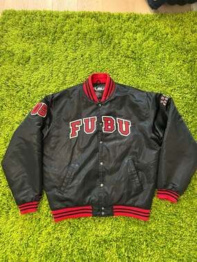 Vintage FUBU Sport Satin Varsity Bomber Jacket Black Red